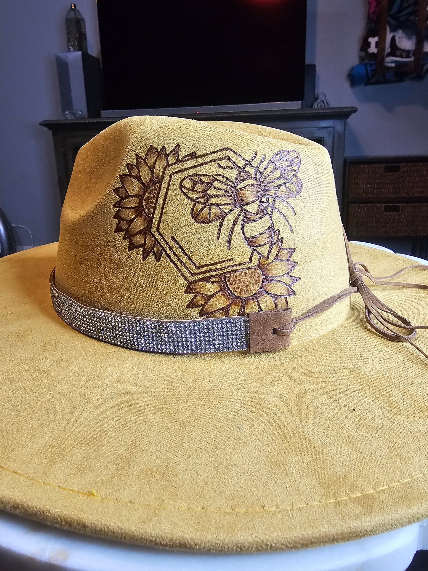 Golden Bloom Flat Brim Hand Burned Hat